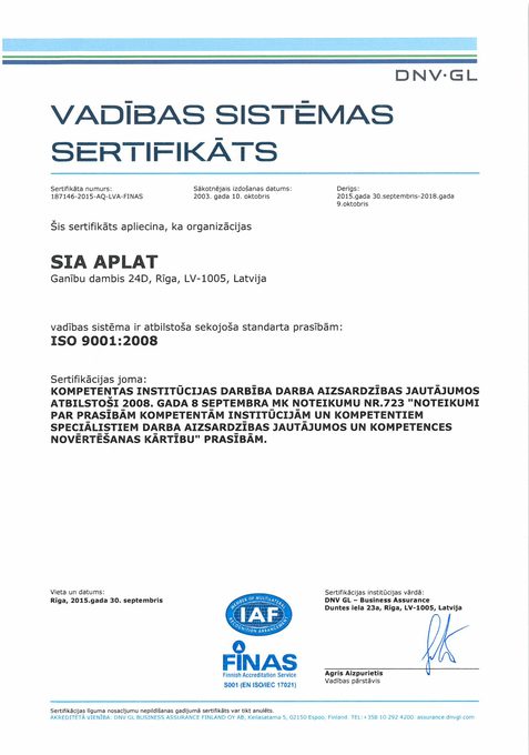 ISO 9001:2008 sertifikāts, latviešu